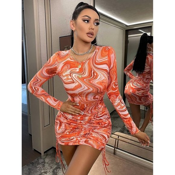 NWT Floerns Womens Marble Print Drawstring Side Bodycon Dress Orange White SZ M - Picture 1 of 13
